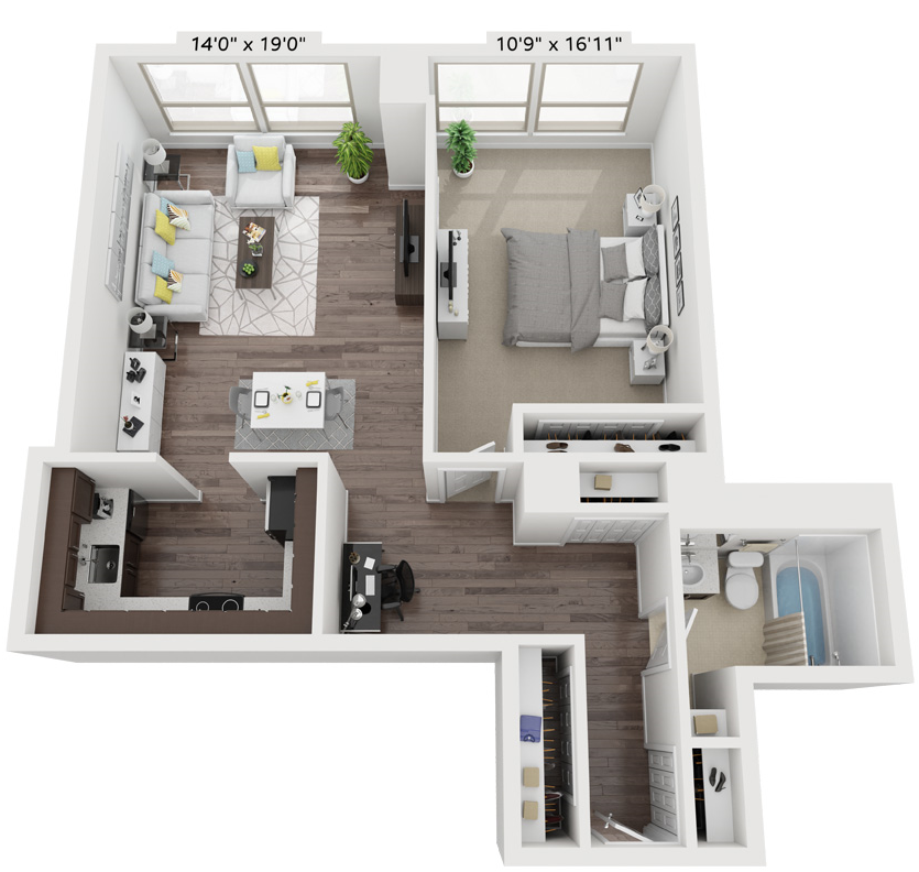 Floor plan for 1 bed, 1 bath, 759 sqft